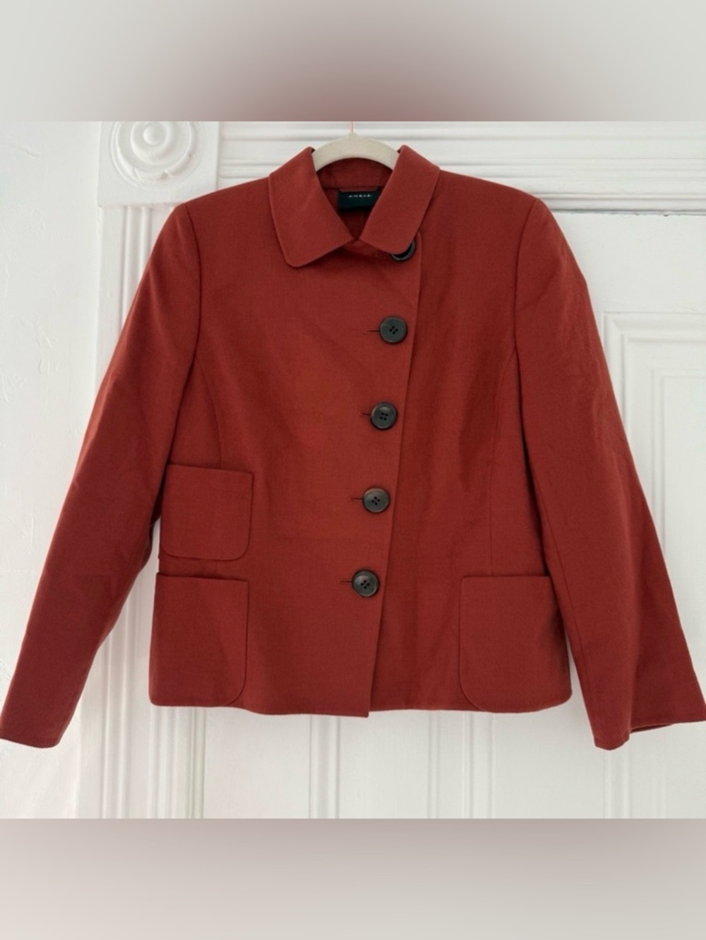 Akris Rust Colored Asymmetrical Cashmere Blazer with Wooden Buttons